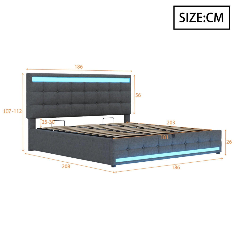 Letto imbottito 180x200 cm con LED RGB e USB; stoffa grigio