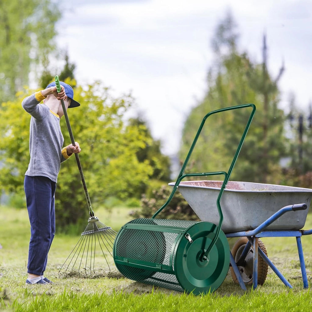 Rullo Spargiconcime Prato da 80L, Spargiconcime a Rullo Ø39 x 68 cm con Manico e Cestello in Rete Metallica, Spargiterriccio da Giardino per Concimazione e Semina (Verde)