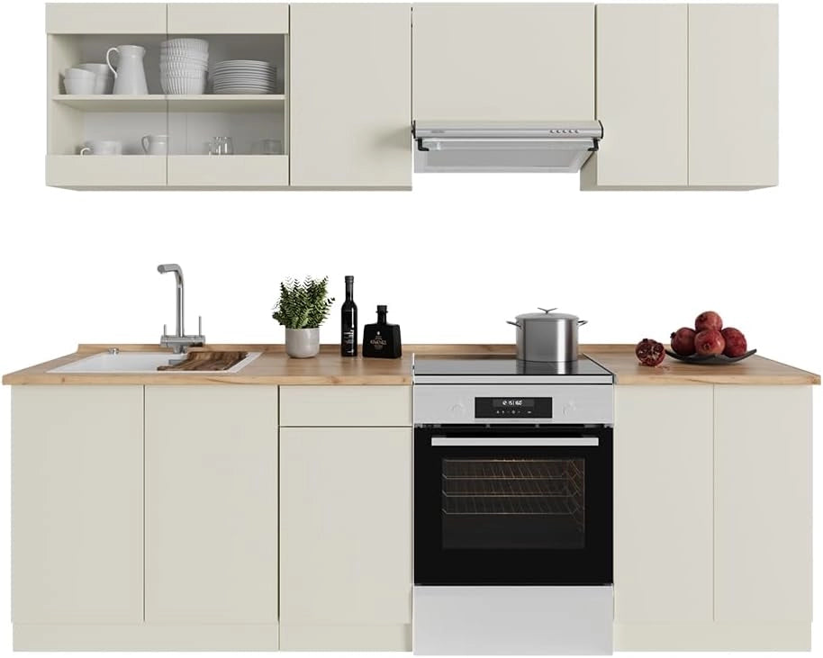 Mobile da cucina R-Line, Beige, 240 cm, PL Rovere, con moduli posizionabili variabilmente e piedini regolabili in altezza