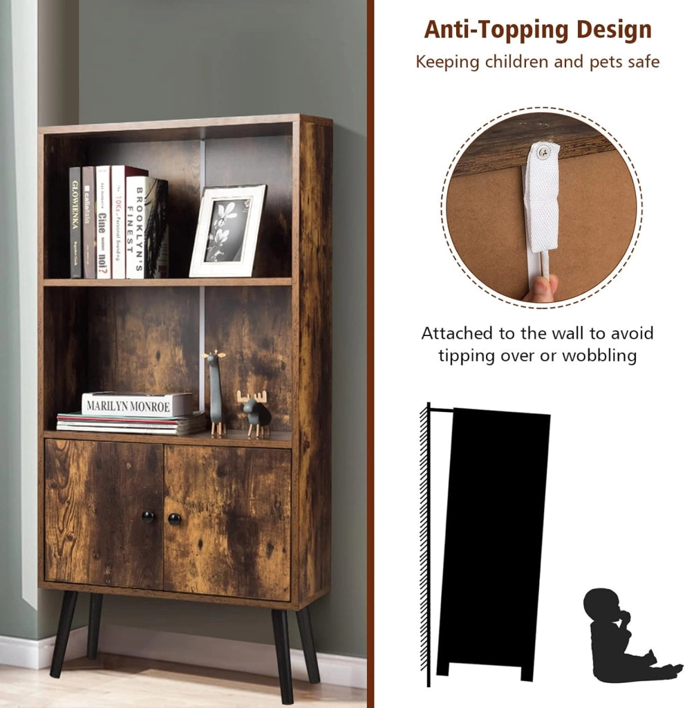 Libreria con 2 Ante a 3 Livelli, Scaffale per Libri, Credenza da Terra, Gambe Alte in Legno di Pino, Stile Vintage, Ideale per Soggiorno, Studio, Portata Massima 50 kg, 60x30x120 cm