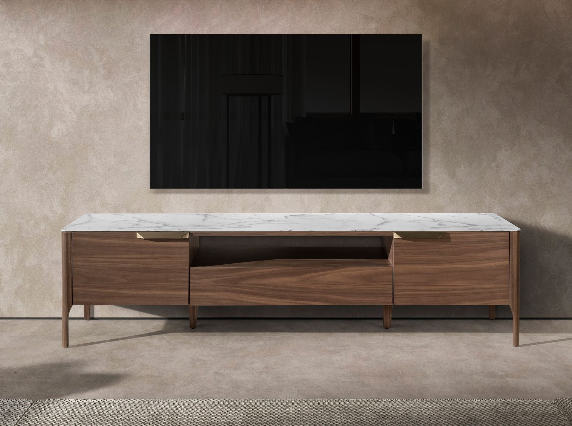 Porta TV in noce con piano in vetro a imitazione del marmo