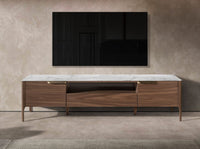 Porta TV in noce con piano in vetro a imitazione del marmo