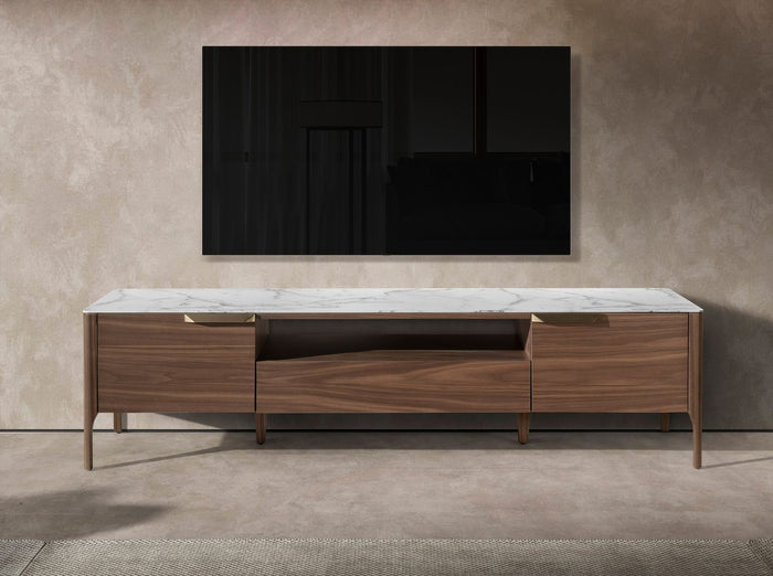 Porta TV in noce con piano in vetro a imitazione del marmo