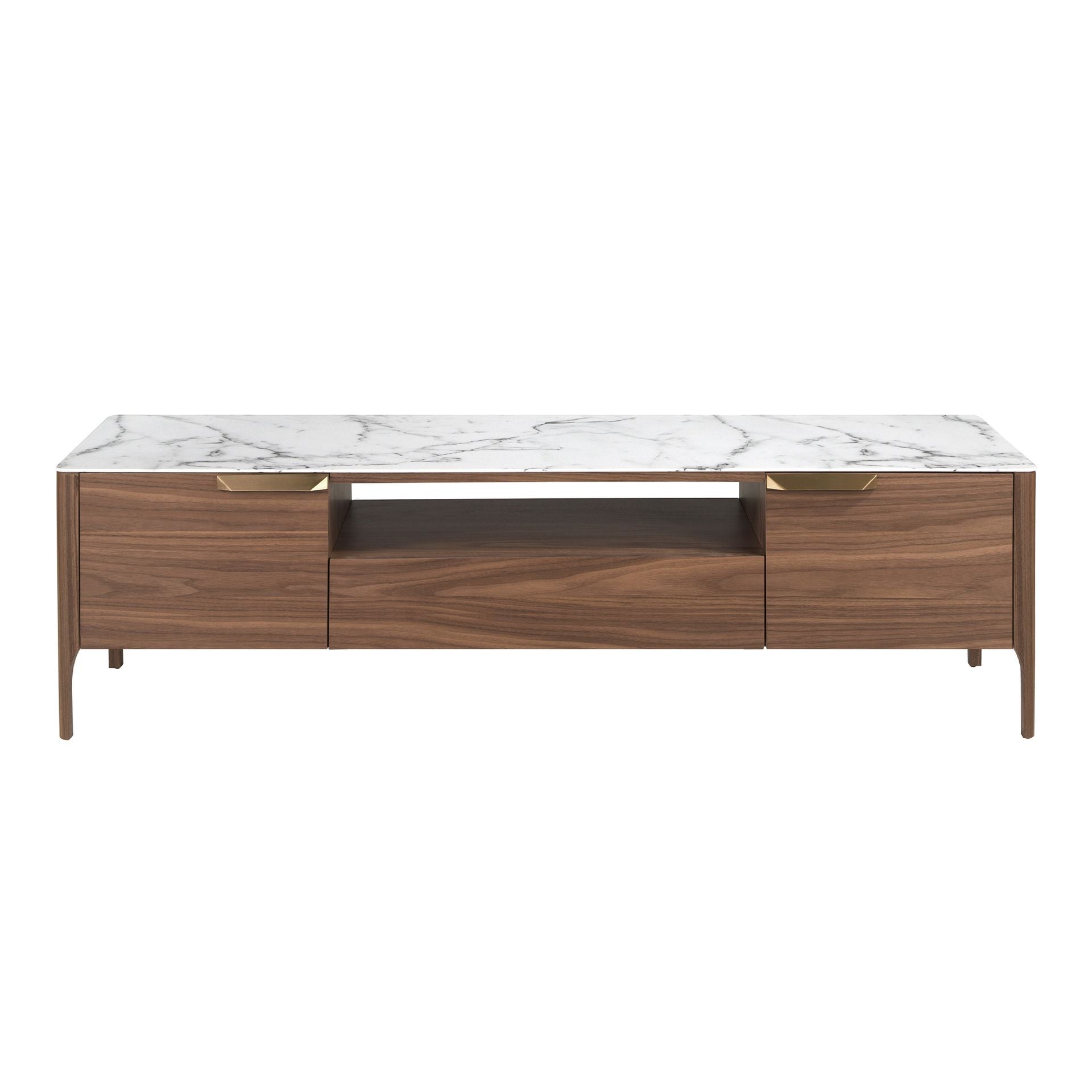 Porta TV in noce con piano in vetro a imitazione del marmo