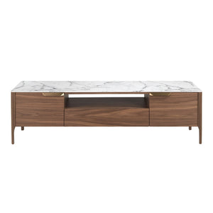 Porta TV in noce con piano in vetro a imitazione del marmo