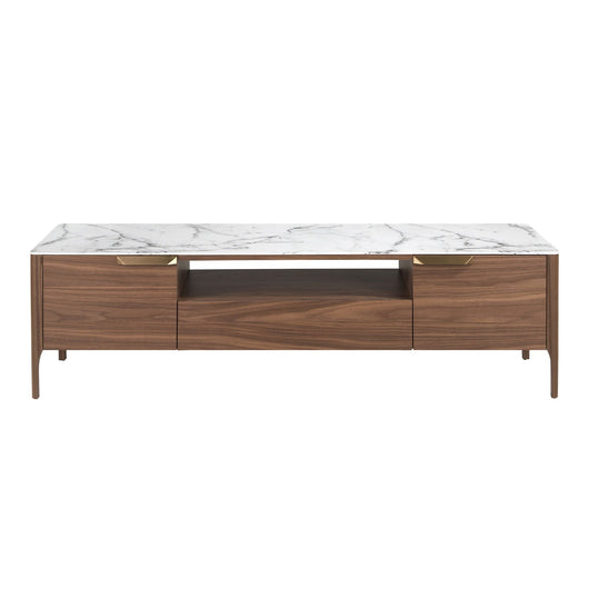 Porta TV in noce con piano in vetro a imitazione del marmo