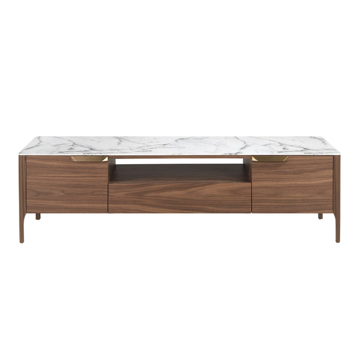 Porta TV in noce con piano in vetro a imitazione del marmo