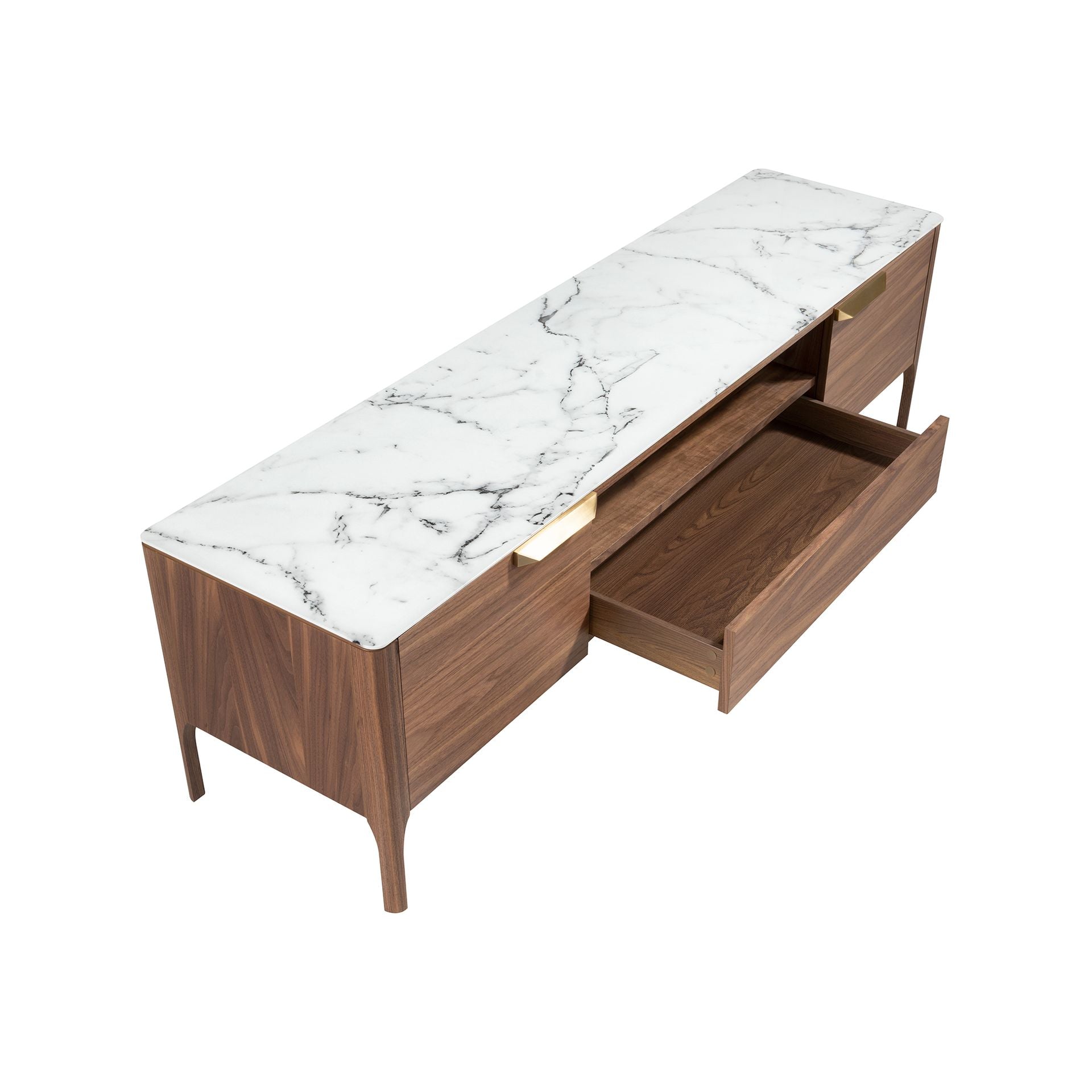 Porta TV in noce con piano in vetro a imitazione del marmo