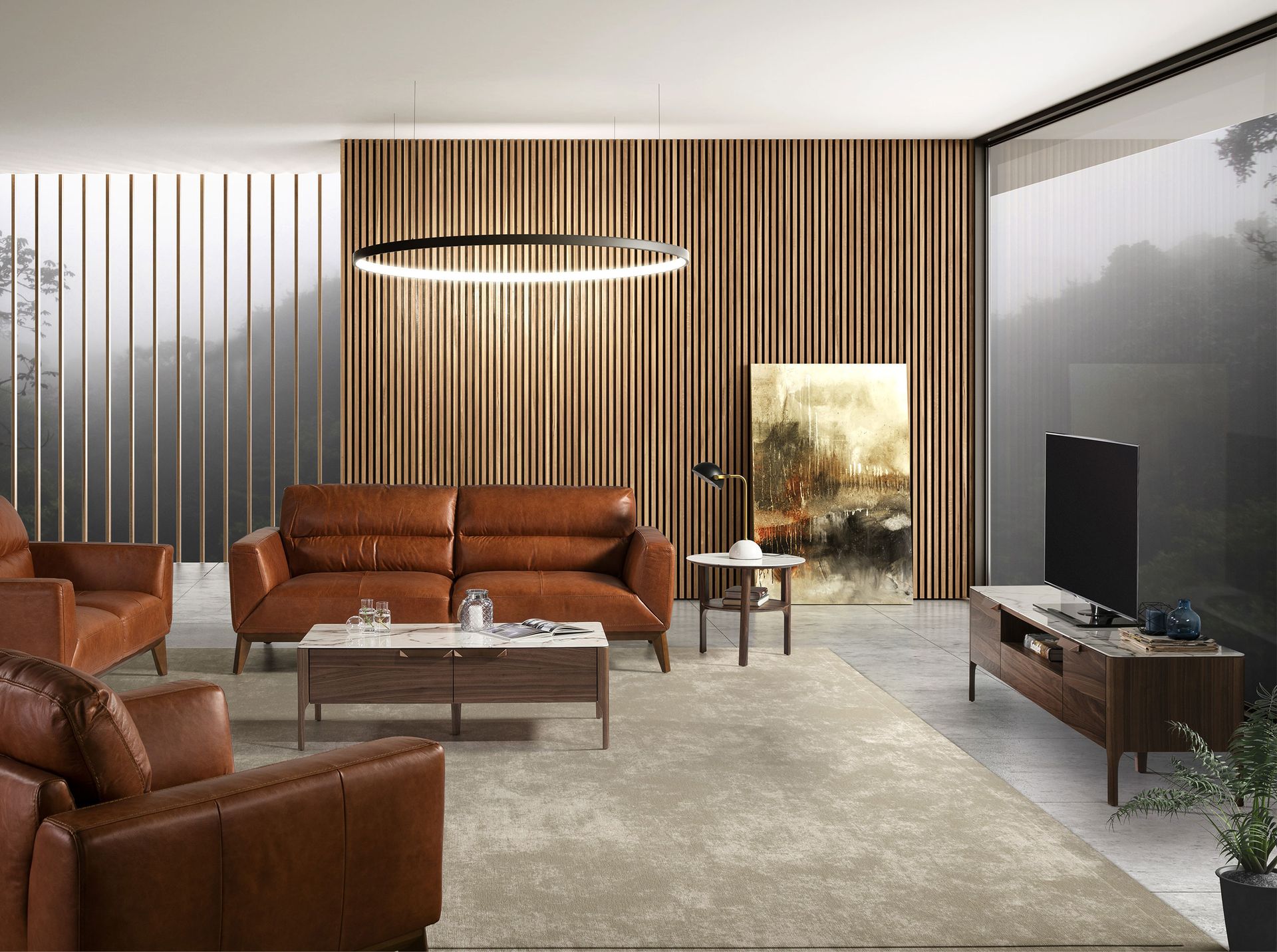 Porta TV in noce con piano in vetro a imitazione del marmo