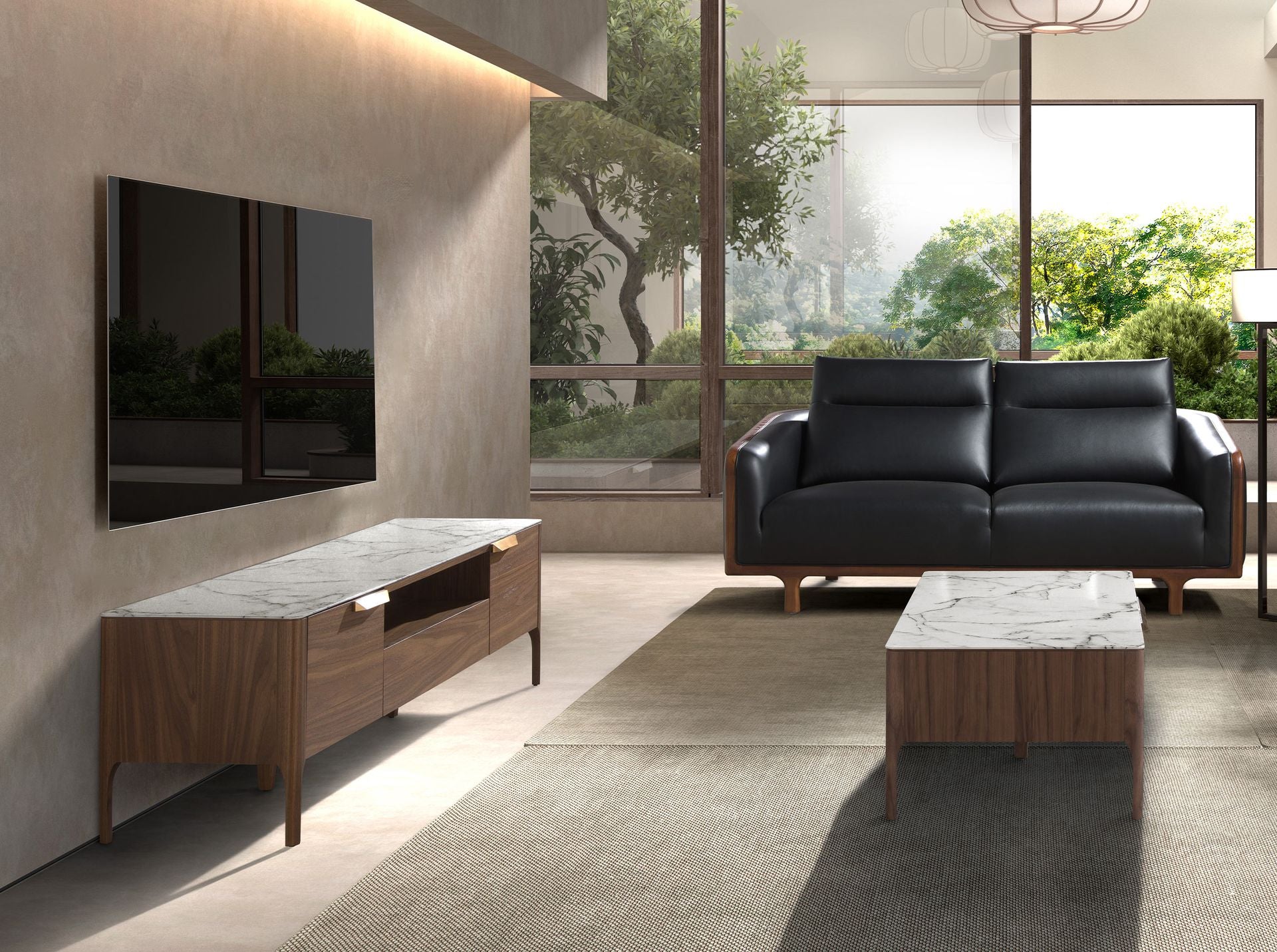 Porta TV in noce con piano in vetro a imitazione del marmo