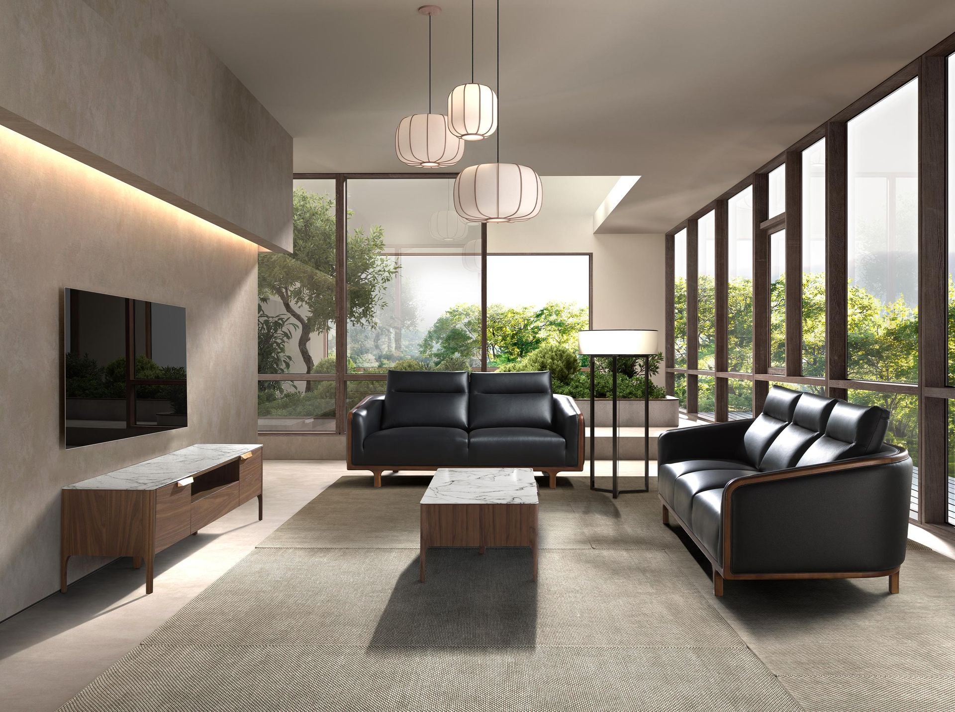 Porta TV in noce con piano in vetro a imitazione del marmo