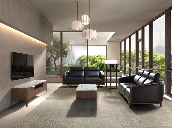 Porta TV in noce con piano in vetro a imitazione del marmo