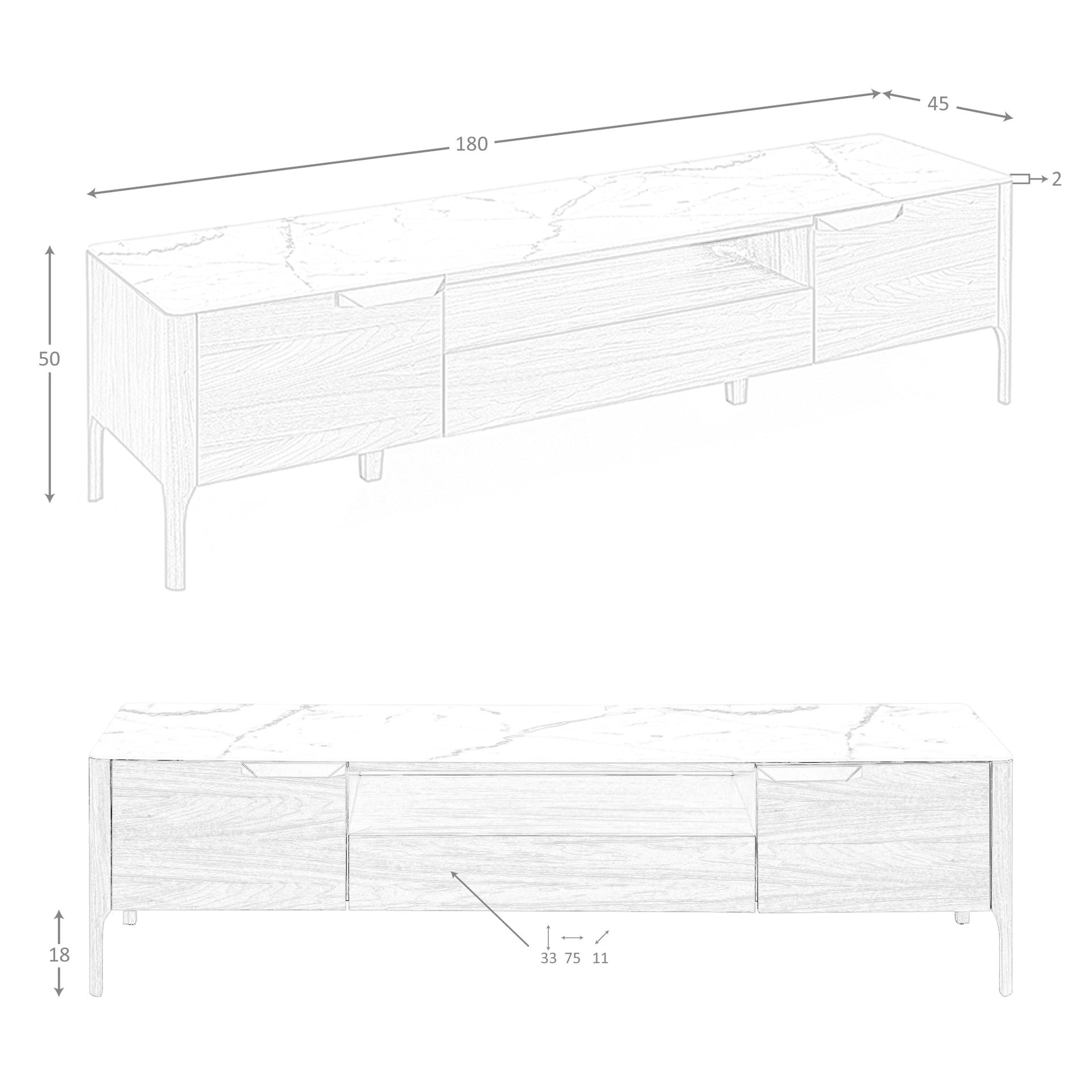 Porta TV in noce con piano in vetro a imitazione del marmo