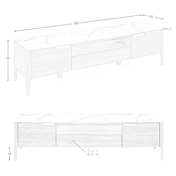 Porta TV in noce con piano in vetro a imitazione del marmo