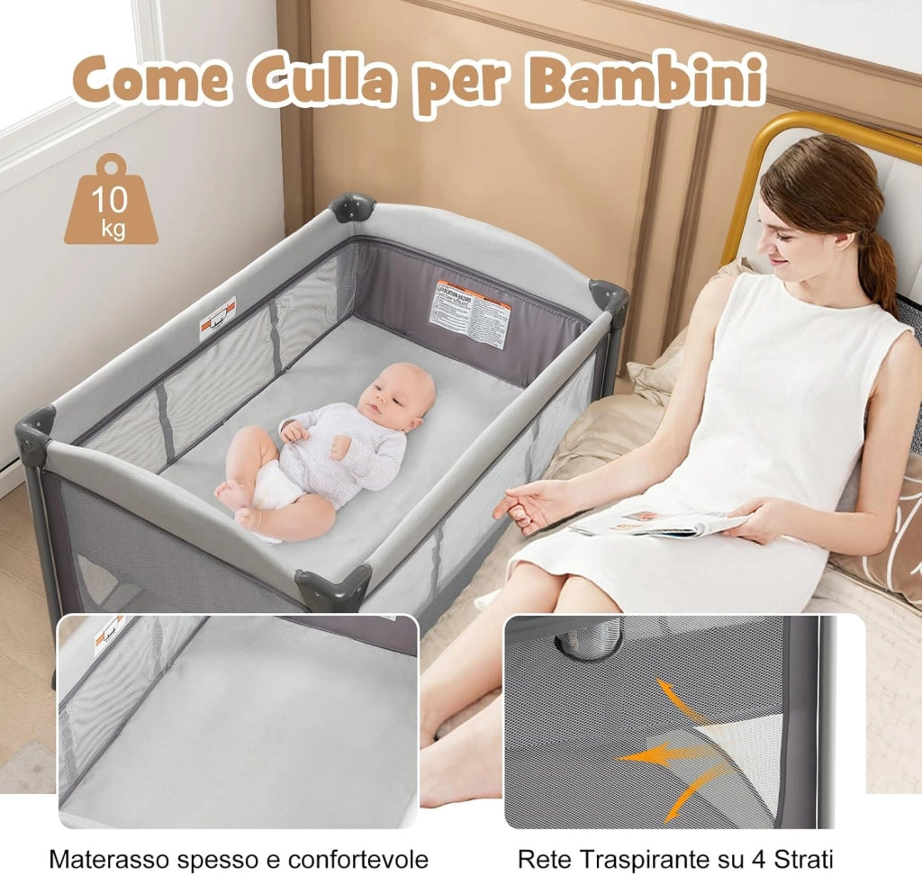 Lettino da Campeggio con Materasso, Lettino Pieghevole per Bambini con Fasciatoio, Culla da Viaggio con Ruote, Giocattolo, Lettino Bambini Staccabile, per Bambini 0-36 Mesi (Grigio)