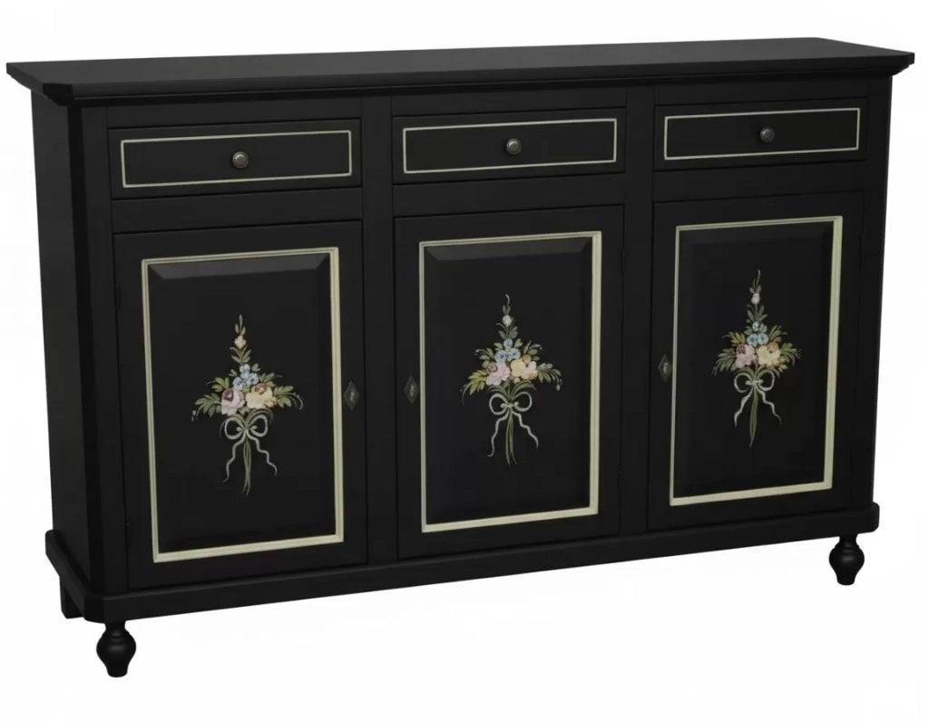 Madia credenza 3 ante legno shabby nero decorata filo oro 158x45x98 - Mobili 2G