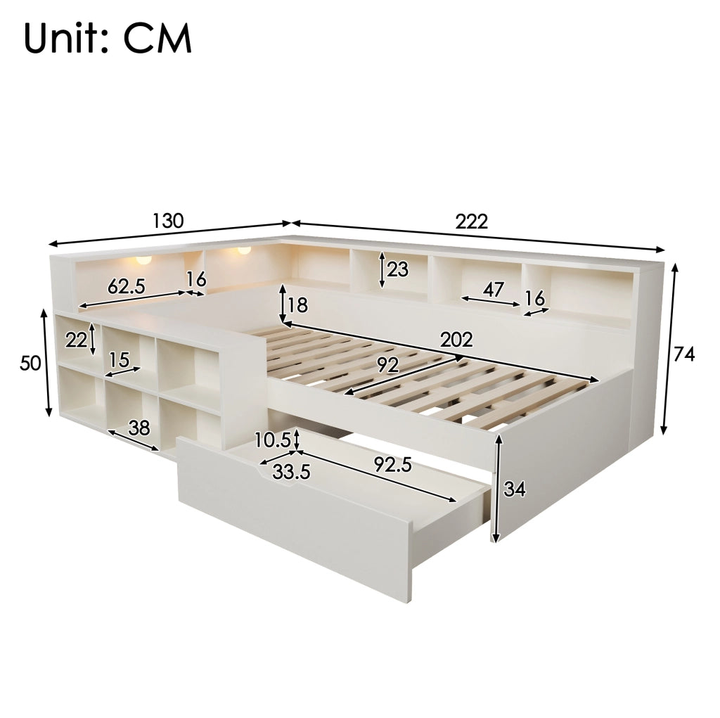 Letto singolo 90x200 cm con cassetti; ripiani; luci e porte USB Type-C; bianco