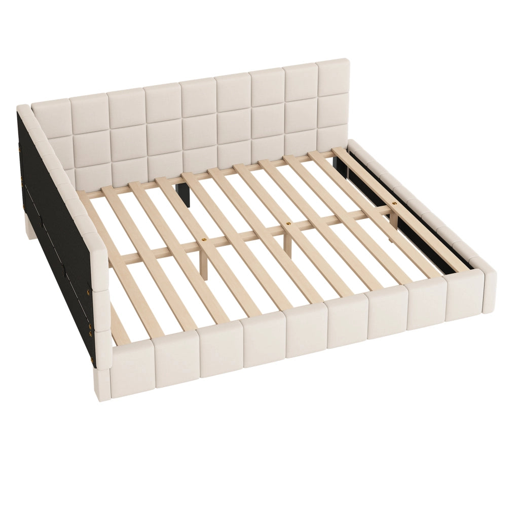 OKWISH Letto Divano 160×200 cm, Letto Matrimoniale con Schienale e Bracciolo, Schienale Reversibile, senza Materasso, Imbottito, Beige