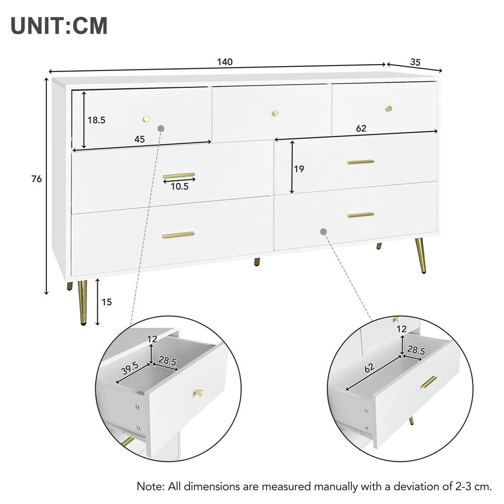 Credenza con Cassetti Bianca ¨C MINIMAL ¨C 7 cassetti, gambe e maniglie oro, 140x35x76 cm