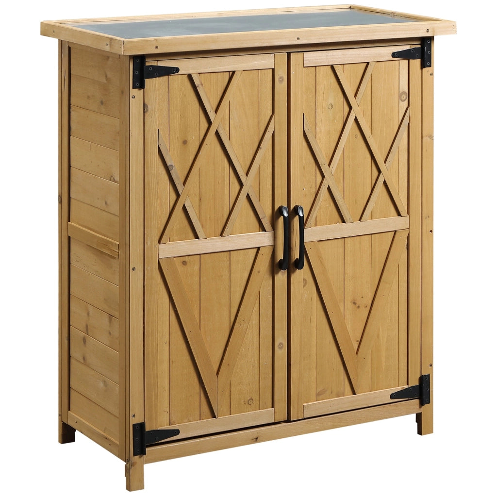 Armadio da Giardino 75x40x90 cm Porta Attrezzi con 2 Ante e 4 Scaffali Piano in Lamiera in Legno