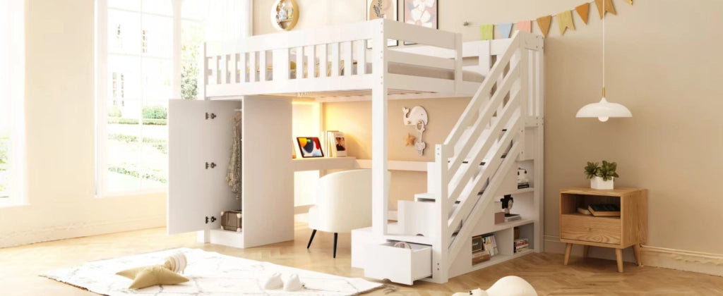 Letto a soppalco 140 × 200 cm con scala contenitore, scrivania, armadio, LED, panca, sans materasso, bianco