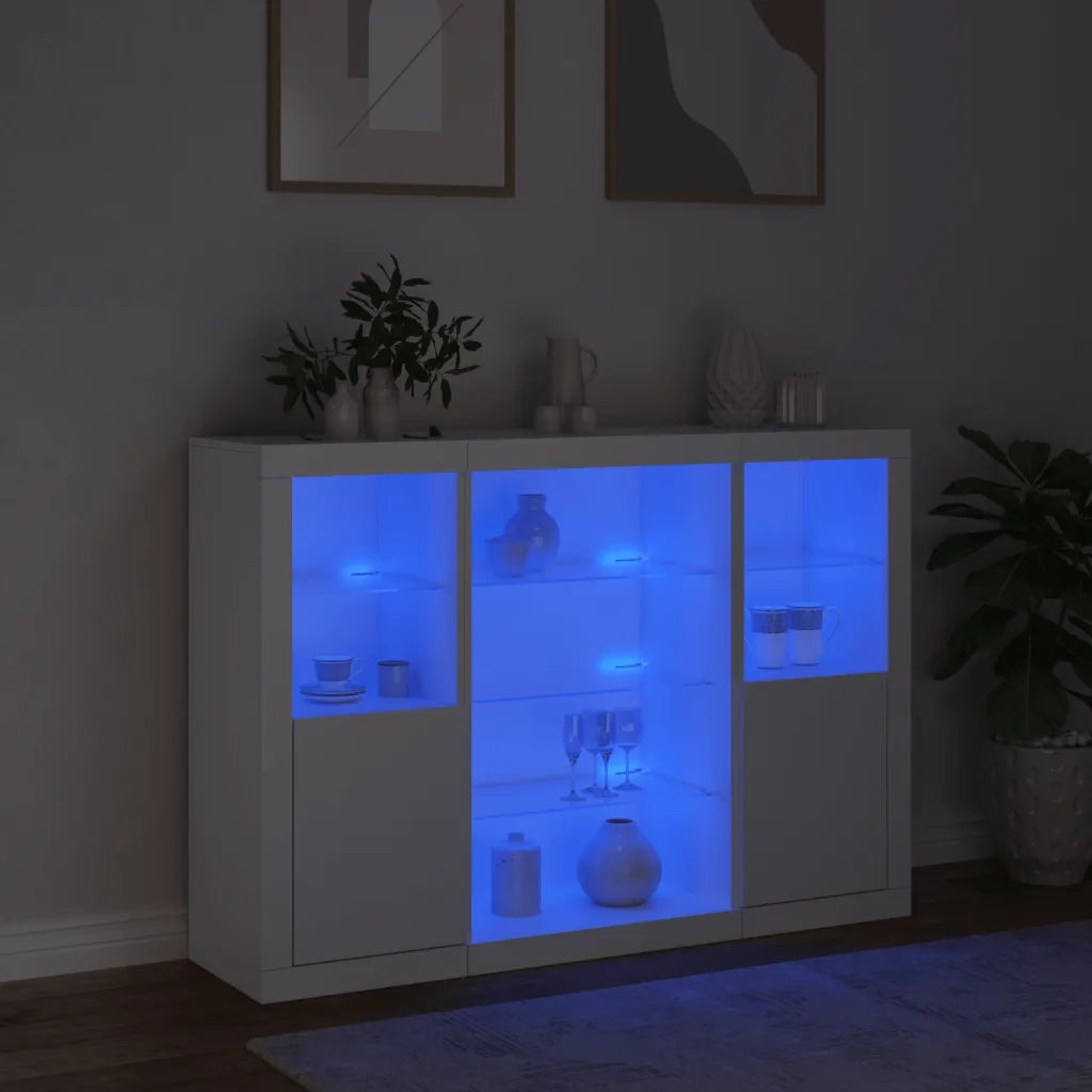 Credenze con Luci LED 3 pz | Madia | Buffet da pranzo | Armadio da pranzo Bianche in Legno Multistrato