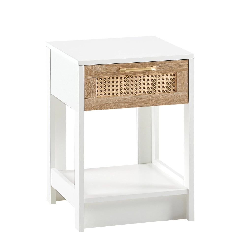 Comodino in MDF effetto rattan con cassetto, mobile versatile per camera da letto e soggiorno, bianco e naturale