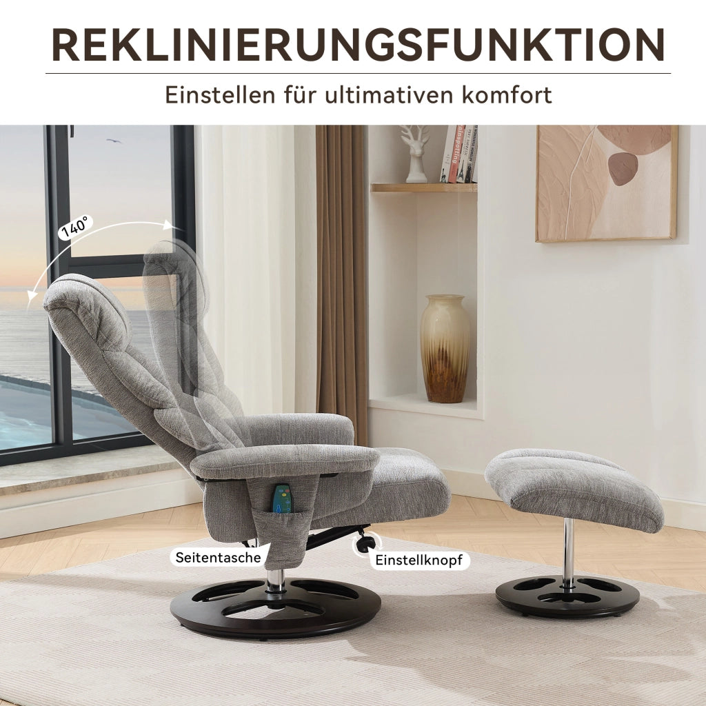 Poltrona relax con massaggio a 5 punti e funzione riscaldante girevole 360° con poggiapiedi in chenille grigio