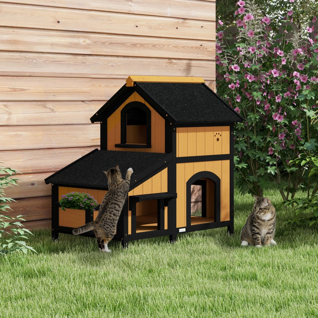Casetta per gatti da esterno in legno, 2 piani, tetto impermeabile, 96 x 65 x 85,5 cm, gialla