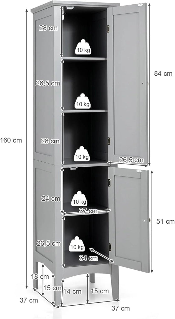 Mobile da Bagno Alto con 2 Ante, Armadio da Terra con 5 Vani, Mobile Colonna per Bagno Cucina Soggiorno, 37 x 37 x 160 cm (Grigio)