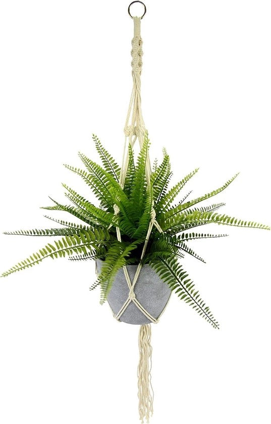 Lampada da soffitto a macramé con cespuglio di felce artificiale e fiori, lampada a corda in cotone, vaso per piante e supporto per piante - decorazione per soffitto e parete, hanger artistico per fiori e piante.