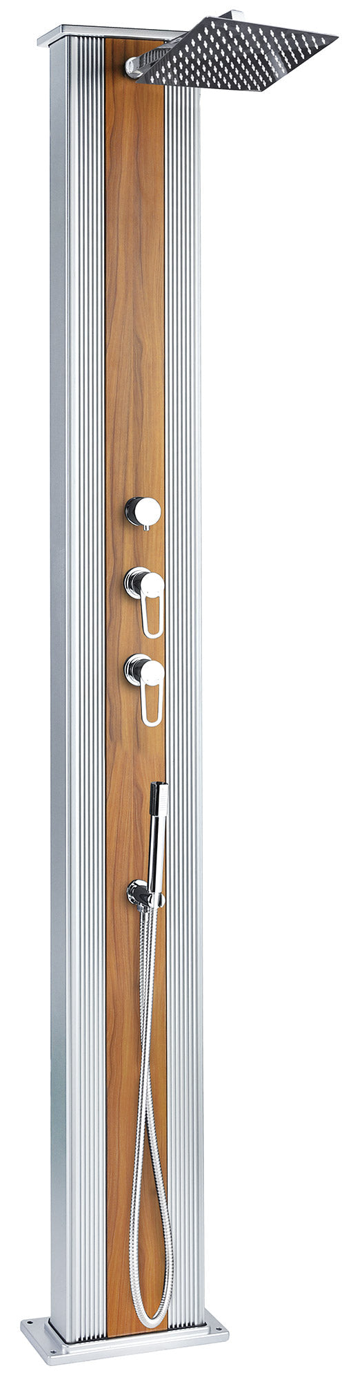 Doccia Solare Ibrida da Giardino 40L Miscelatore e Doccetta Lavapiedi Alluminio Metallizzato/Legno