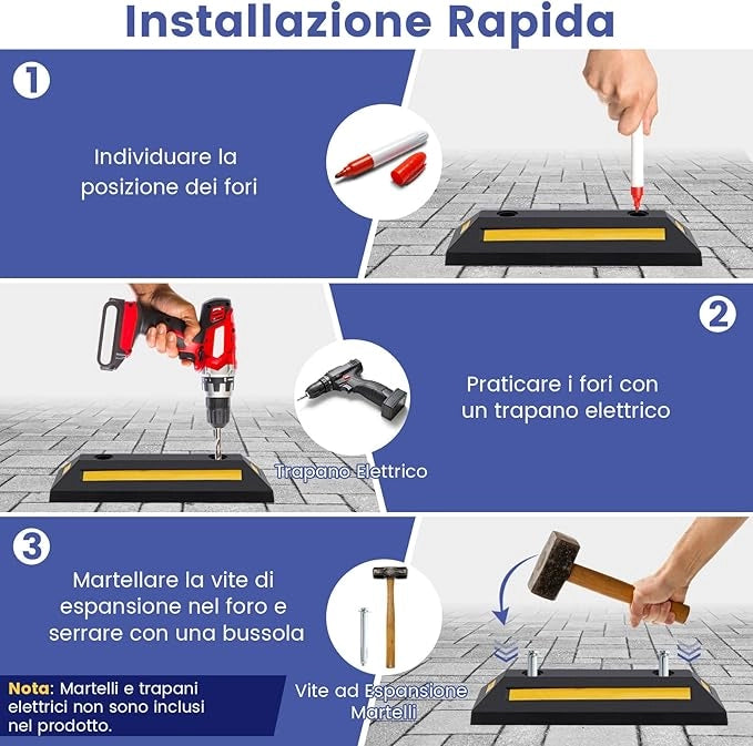 Ferma Ruota per Veicoli da Garage, Set di Fermaruote in Gomma per Parcheggi, con Strisce Riflettenti, per Uso Interno ed Esterno, 54,5 x 16 x 9 cm
