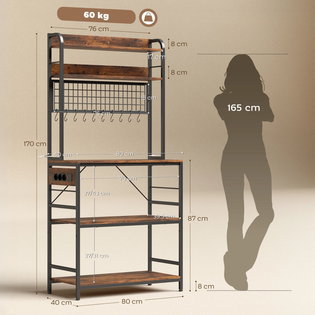 Scaffale da Cucina con Ripiani e Ganci ¨C zephmum ¨C Legno e Acciaio, 80x40x170, Marrone