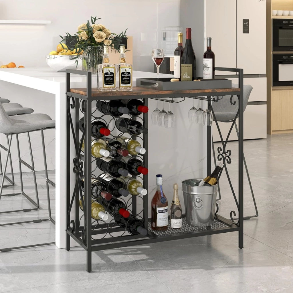 Portabottiglie da vino a 21 bottiglie, Organizzatore da terra con supporto per bicchieri e piano in legno Marrone + Nero