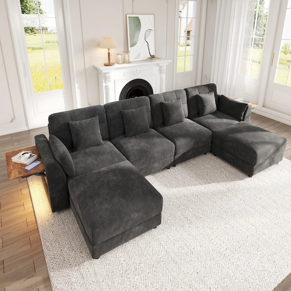 Divano angolare modulare con poggiapiedi e cuscini ¨C Minimal ¨C Grigio tessuto chenille gambe metallo