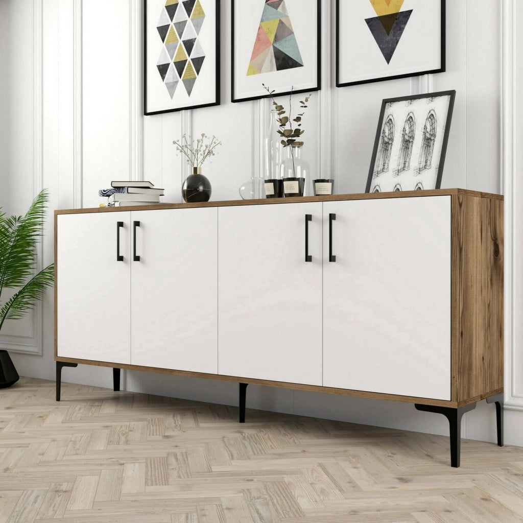 Credenza Agape, Buffet da soggiorno, Madia da salotto, Dispensa da cucina, 180x35h78 cm, Noce e Bianco