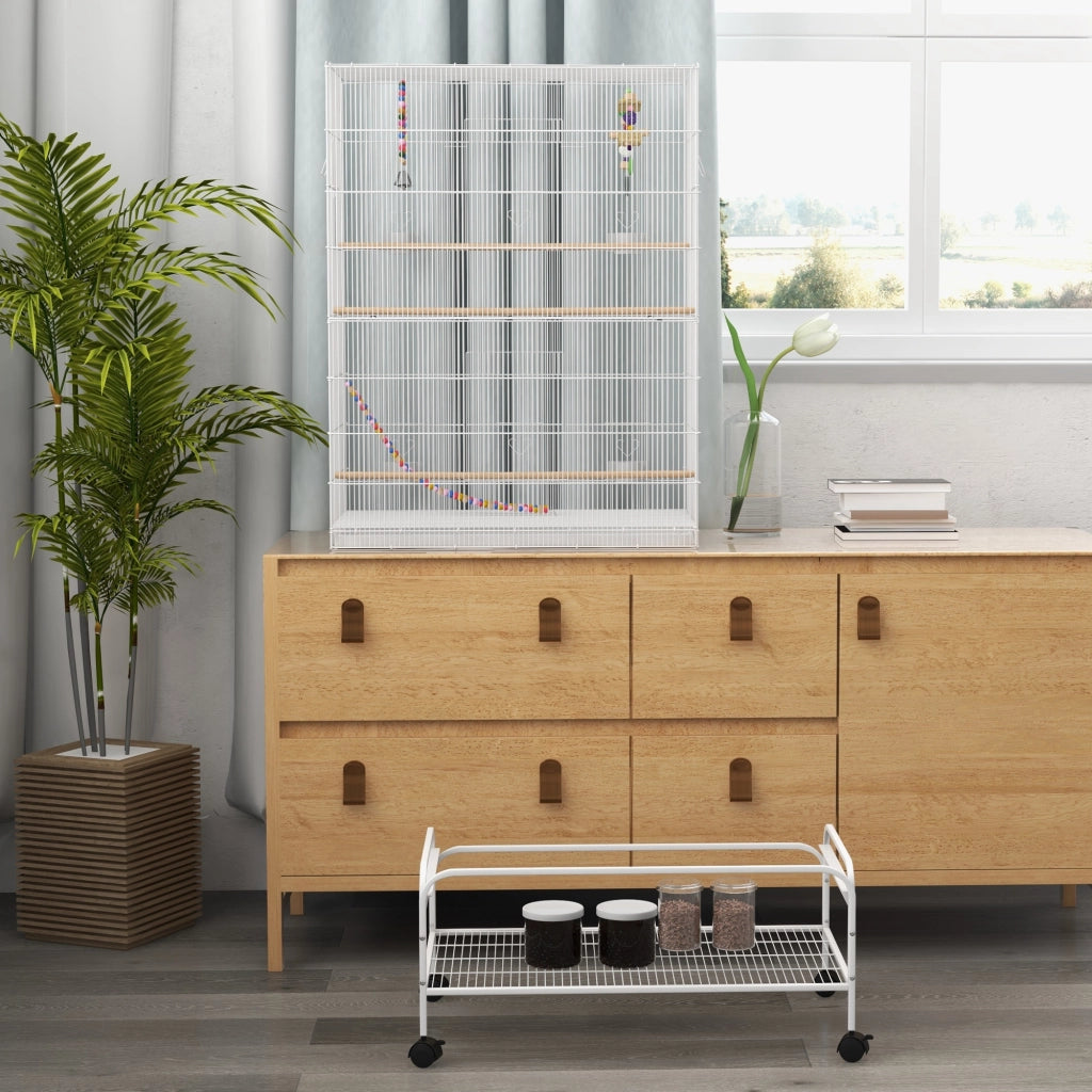Gabbia per Uccelli con Ruote ¨C Xylo ¨C 79x49x133 cm Bianco con 4 Mangiatoie e 3 Trespoli