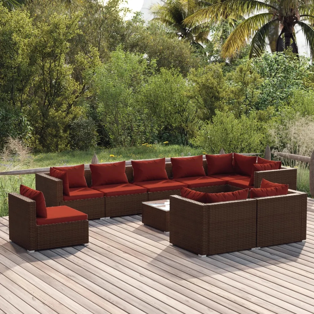 Set Divani da Giardino 10 pz con Cuscini in Polyrattan Marrone