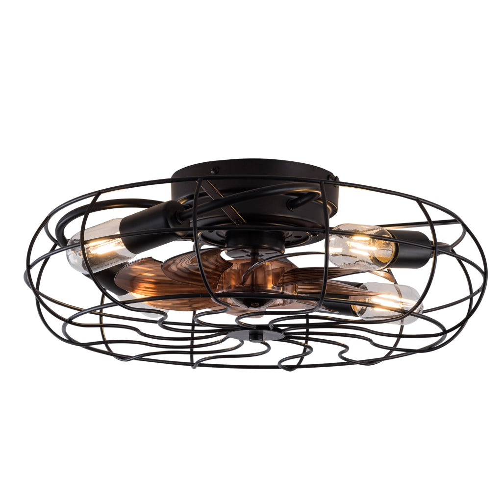 Ventilatore da soffitto con gabbia e luce; 19 pollici; 7 pale; motore reversibile; nero e noce scuro