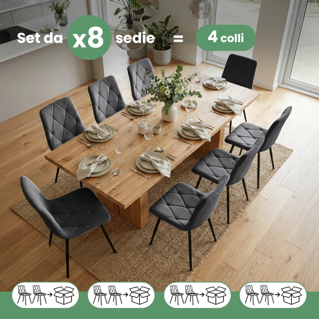 Set di 8 Sedie in velluto trapuntate MILO Grafite Scuro gambe nere