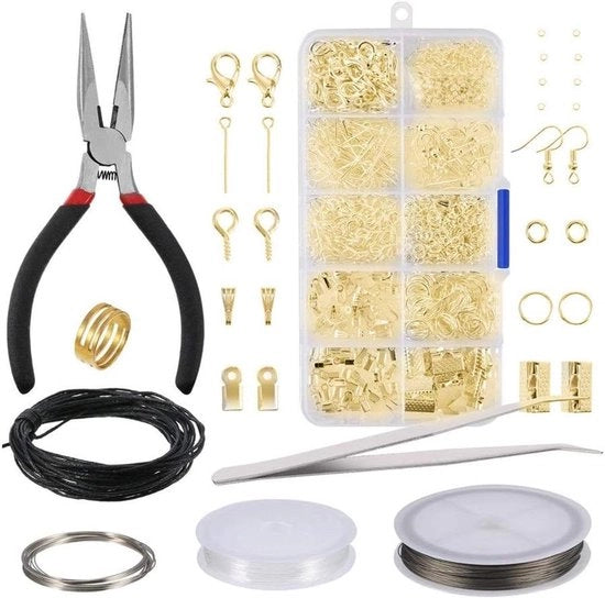 Set completo per creare gioielli con 912 componenti in oro, con contenitore portatile - kit di riparazione DIY per gioielli con pinzetta, forbice e filo