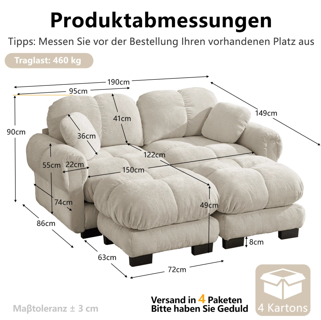 Divano modulare in ciniglia con pouf mobili; 190x149x90 cm; Light Khaki