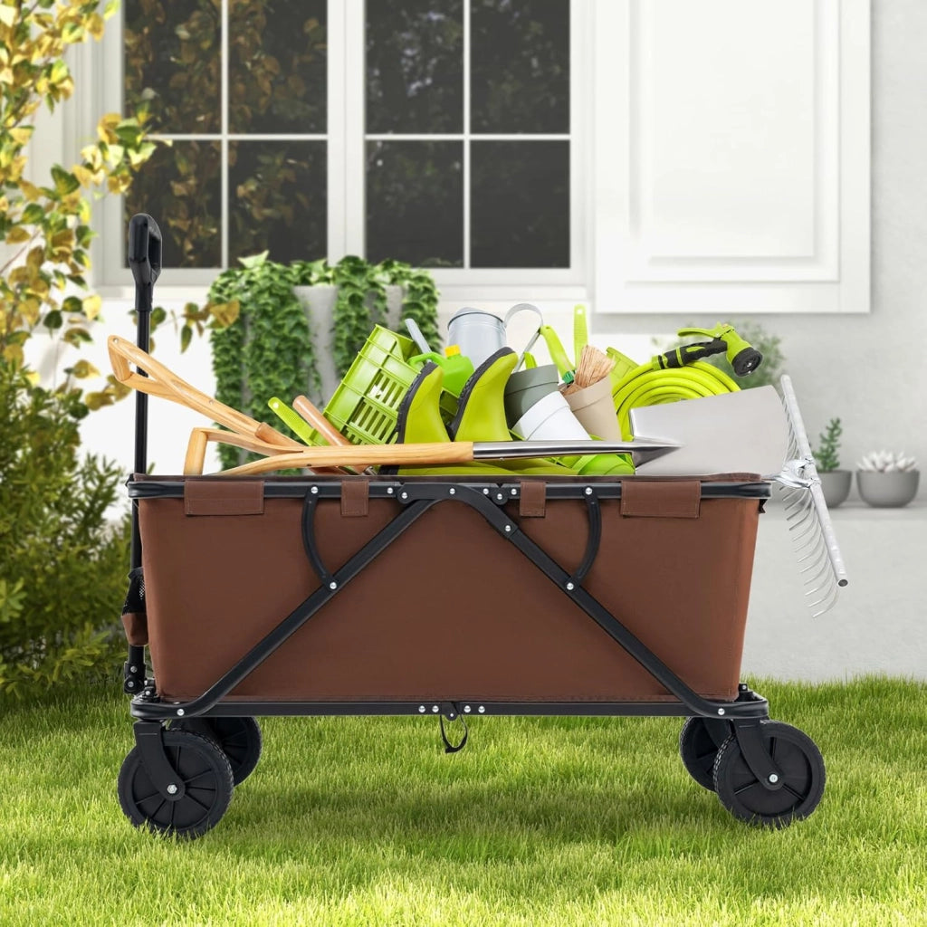 Carrello da Spiaggia Pieghevole 170 L, Carrello con Ruote Portatutto con Maniglia Regolabile e 360° Ruote, Portabottiglie e Tasca Portaoggetti, Carretto Giardino per Campeggio (Marrone)