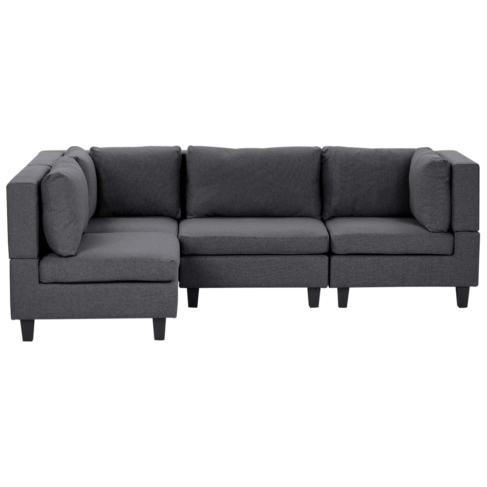 Divano componibile a 4 posti imbottito in tessuto grigio scuro gambe nere lato destro con ottomana stile moderno