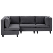 Divano componibile a 4 posti imbottito in tessuto grigio scuro gambe nere lato destro con ottomana stile moderno