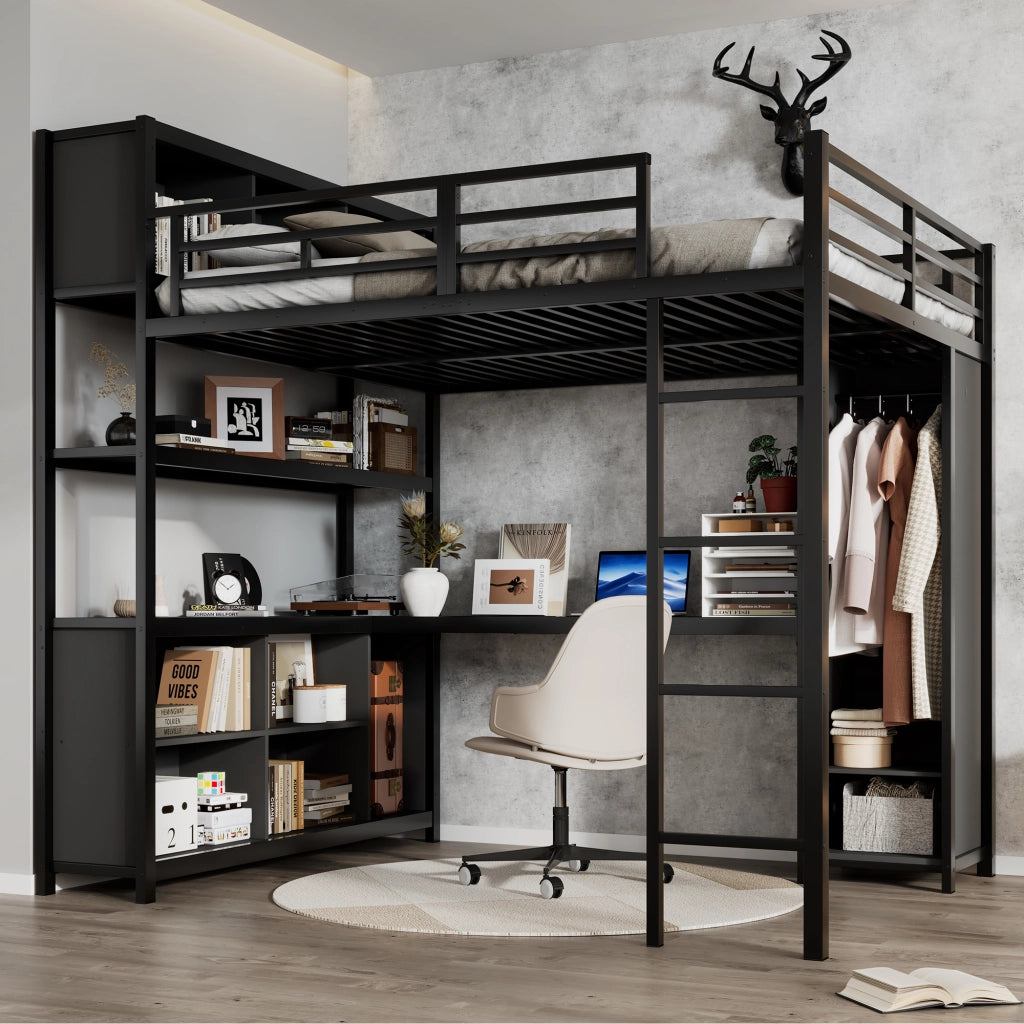 Letto a castello nero in ferro e truciolare con spazio 140x200cm