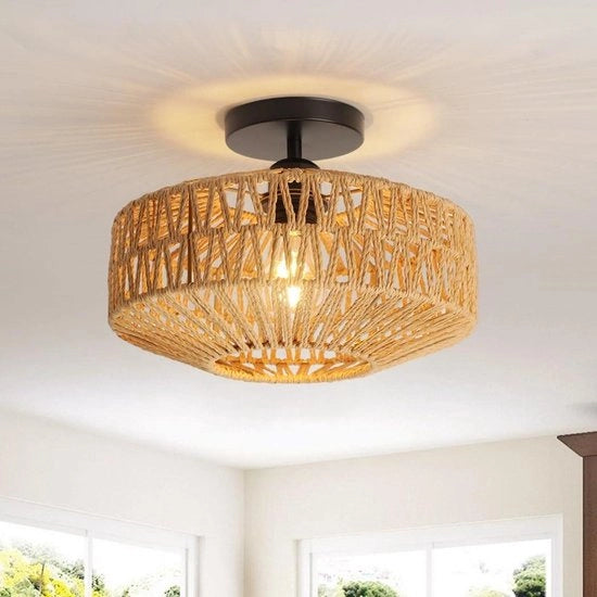 Lampada da soffitto in rattan per soggiorno e camera da letto con copertura E27, design boho e manufatto a mano - illuminazione decorativa moderna per camera da letto, corridoio e altro.