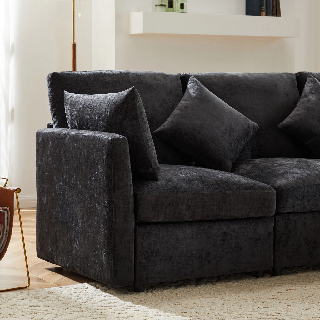 Divano Angolare Reversibile 4 Posti con Pouf Mobile; Cuscini; Seduta Ergonomica; Struttura in Legno; in Ciniglia Grigio