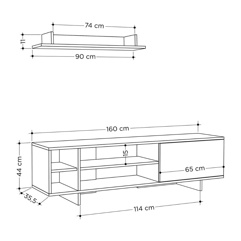 Mobile TV 1 Anta 2 Ripiani e Mensola 160x35,5x44 cm in MDF Stockton Rovere Antracite